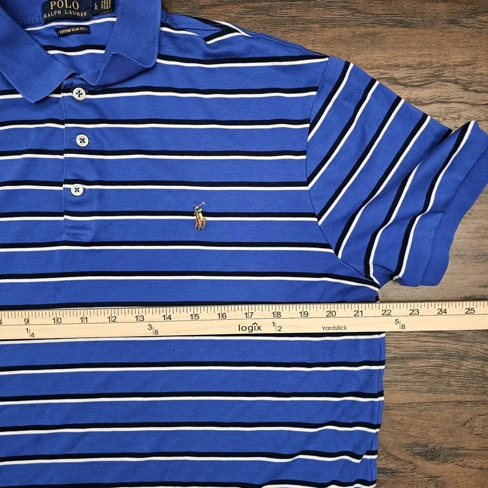 Polo Ralph Lauren Mens Large Blue‎ White Stripe Custom Slim Fit Polo Flesh Pony